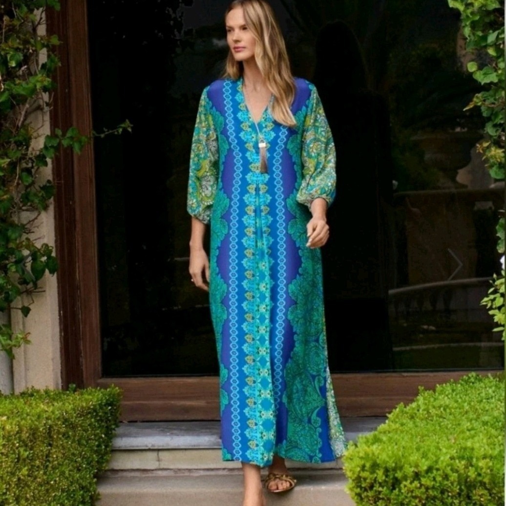 Johnny Was Diomedes Silk Maxi Dress Kahinu Kaftan Floral Paisley Womens Small